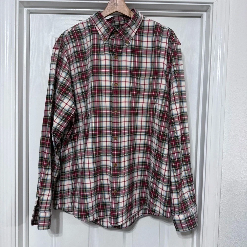 Lands' End Red Green Plaid Long Sleeve Button Up Men’s XL 17/17.5 100% Cotton